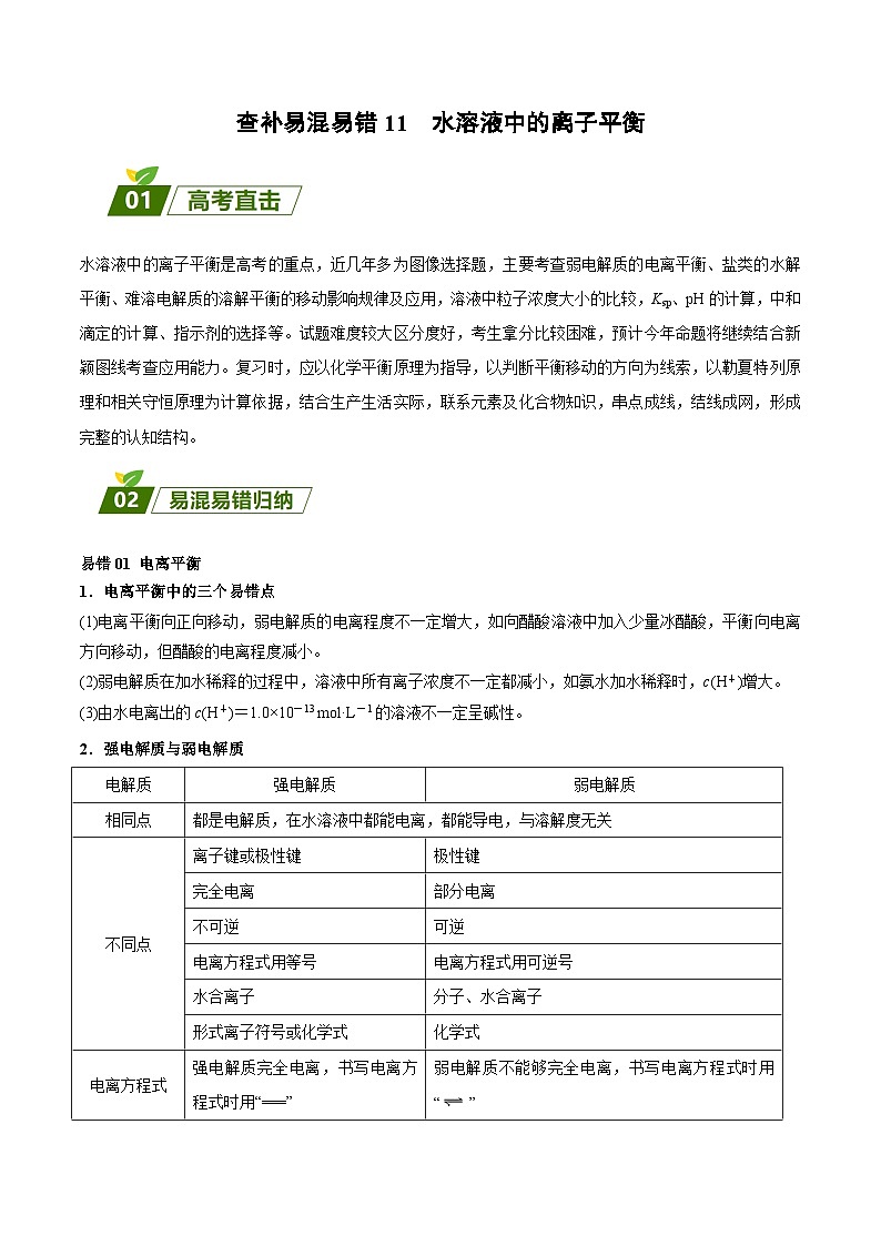 查补易混易错11 水溶液中的离子平衡-【查漏补缺】2023年高考化学三轮冲刺过关（全国通用）（原卷版）01