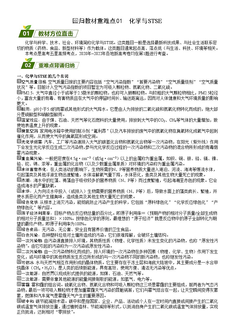 回归教材重难点01  化学与STSE-【查漏补缺】2023年高考化学三轮冲刺过关（新高考专用）（解析版） 试卷01
