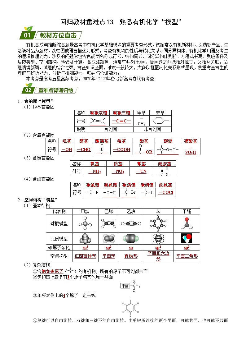 回归教材重难点13  熟悉有机化学“模型”-【查漏补缺】2023年高考化学三轮冲刺过关（新高考专用）（原卷版）第1页