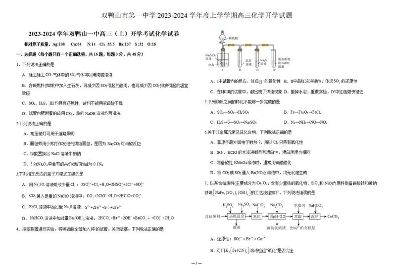 黑龙江省双鸭山市第一中学2023-2024学年高三化学上学期开学考试（8月）（PDF版附答案）01