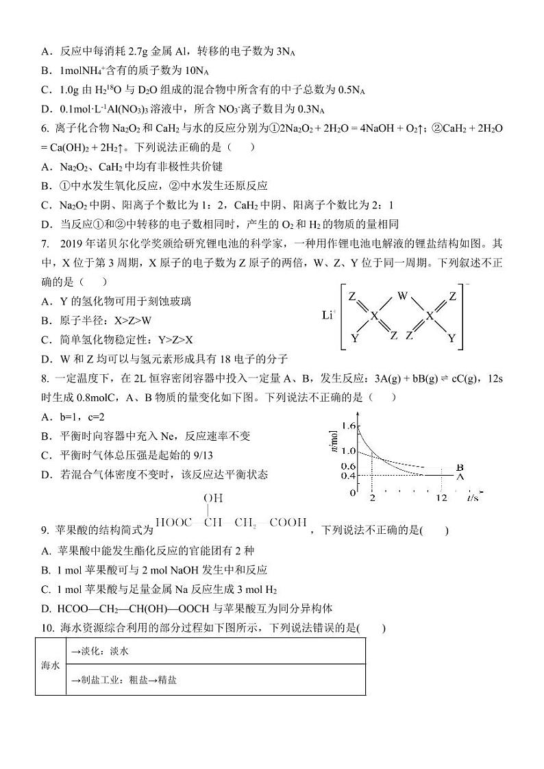 湖南省怀化市雅礼实验学校2023-2024学年高二上学期入学考试化学试题02