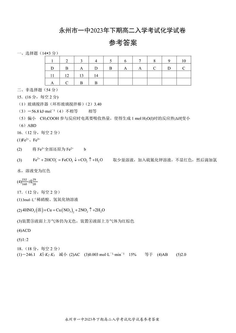 湖南省永州市第一中学2022-2023学年高二下学期开学考试化学参考答案第1页
