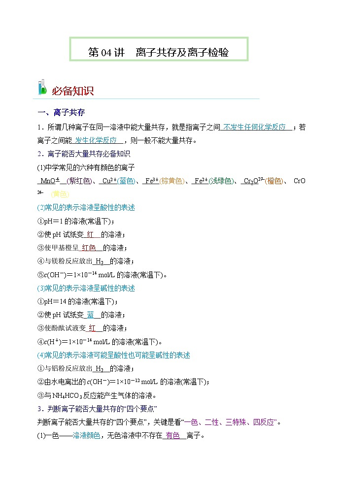 第05讲  离子共存及离子检验-2023-2024学年高一化学易混易错巧讲精练（人教版2019必修第一册）第1页