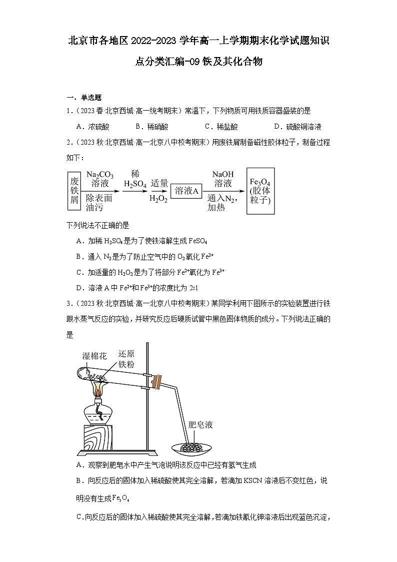 北京市各地区2022-2023学年高一上学期期末化学试题知识点分类汇编-09铁及其化合物01