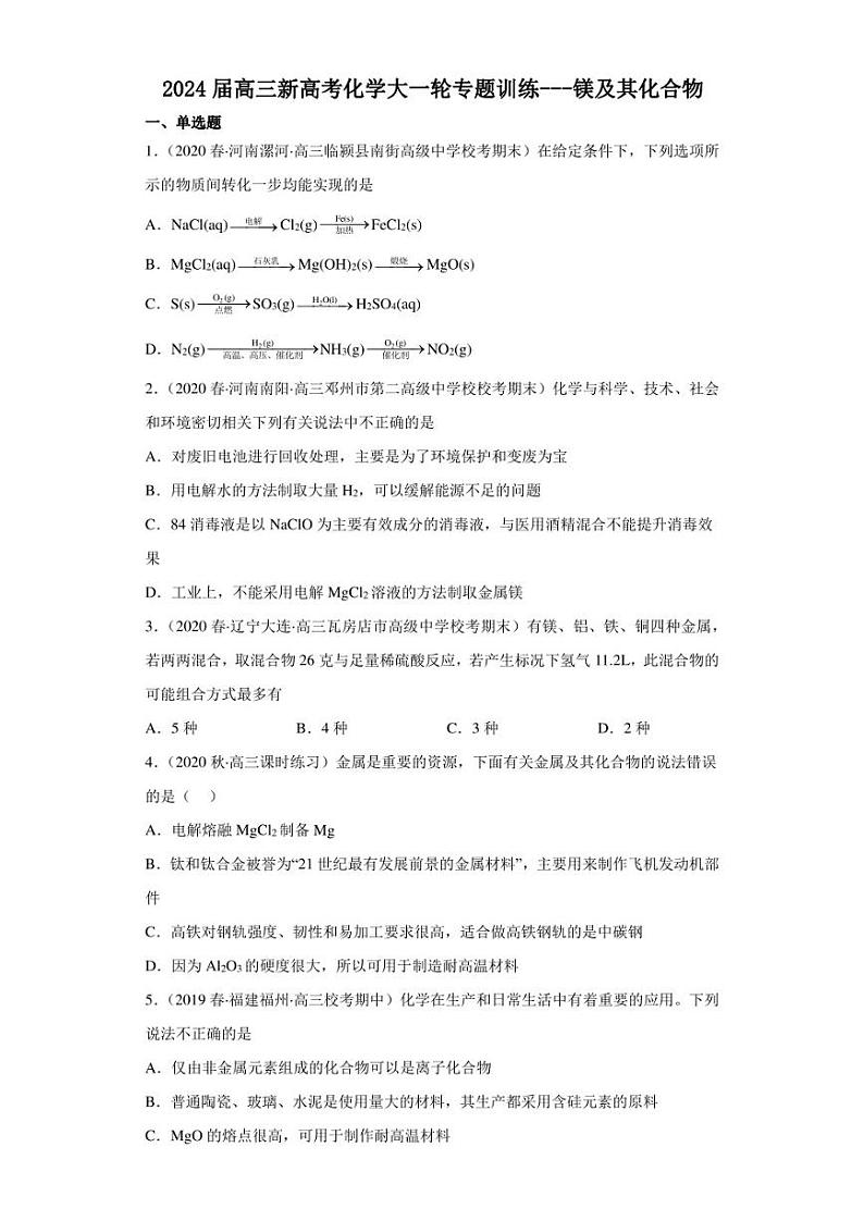 2024届高三新高考化学大一轮专题训练---镁及其化合物（含解析）第1页