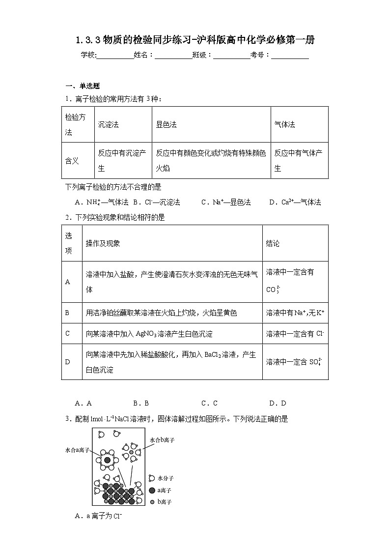 1.3.3物质的检验同步练习-沪科版高中化学必修第一册01