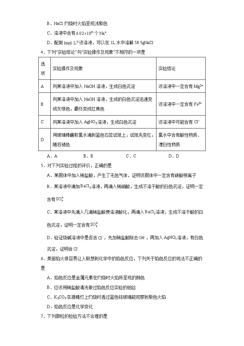 1.3.3物质的检验同步练习-沪科版高中化学必修第一册02