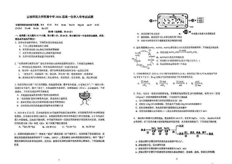 云南省师范大学附属中学2023-2024学年高一上学期入学考化学试卷第1页