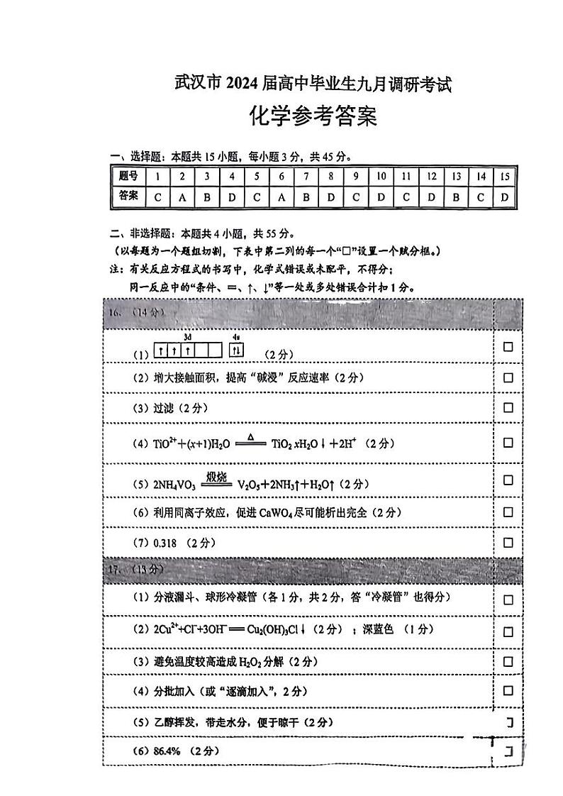 2024届武汉市高三九月调研考试 化学试卷01