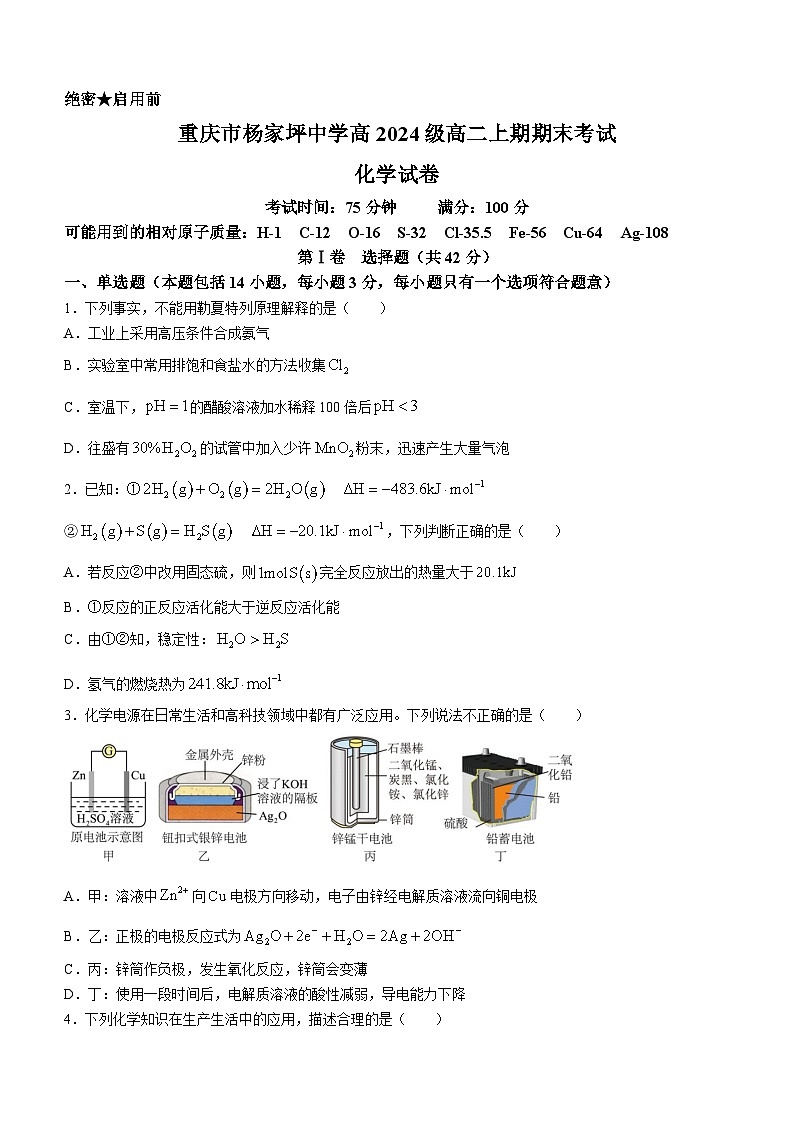 重庆市杨家坪中学2022-2023学年高二上学期1月期末考试化学试题01