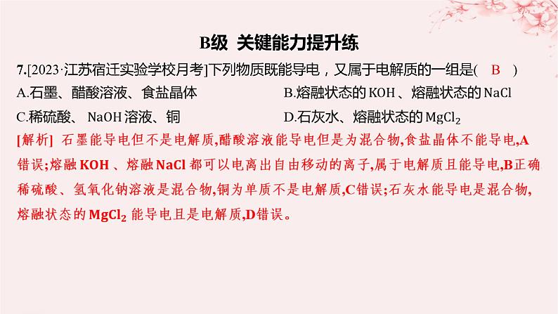 江苏专用2023_2024学年新教材高中化学专题1物质的分类及计量第三单元物质的分散系第二课时电解质溶液分层作业课件苏教版必修第一册07