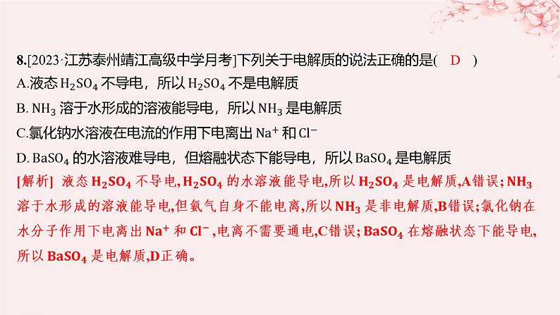 江苏专用2023_2024学年新教材高中化学专题1物质的分类及计量第三单元物质的分散系第二课时电解质溶液分层作业课件苏教版必修第一册08