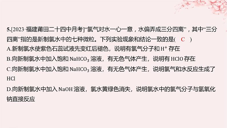 江苏专用2023_2024学年新教材高中化学专题3从海水中获得的化学物质第一单元氯气及氯的化合物第二课时氯气的性质及应用分层作业课件苏教版必修第一册第5页