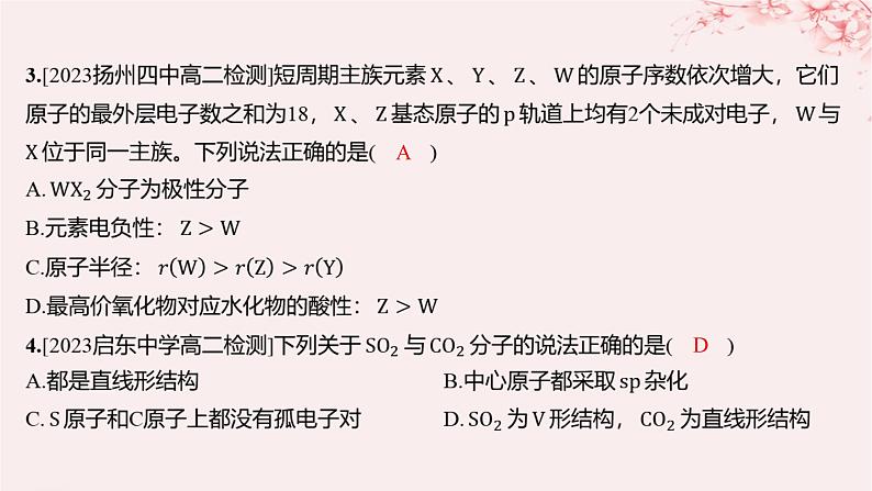 江苏专用2023_2024学年新教材高中化学专题4分子空间结构与物质性质测评A课件苏教版选择性必修204