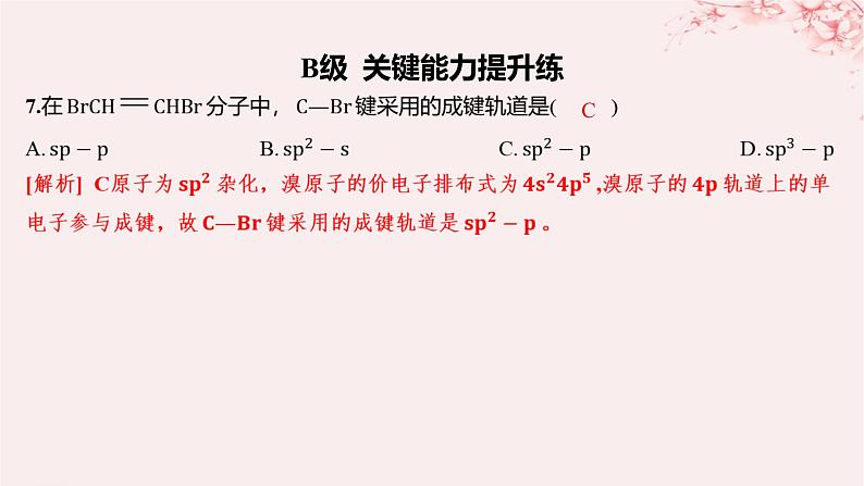 江苏专用2023_2024学年新教材高中化学专题4分子空间结构与物质性质第一单元分子的空间结构第一课时杂化轨道理论与分子空间结构分层作业课件苏教版选择性必修207