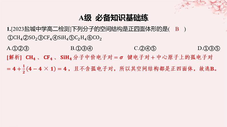 江苏专用2023_2024学年新教材高中化学专题4分子空间结构与物质性质第一单元分子的空间结构第二课时价层电子对互斥模型等电子原理分层作业课件苏教版选择性必修201