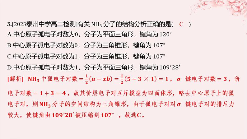 江苏专用2023_2024学年新教材高中化学专题4分子空间结构与物质性质第一单元分子的空间结构第二课时价层电子对互斥模型等电子原理分层作业课件苏教版选择性必修203