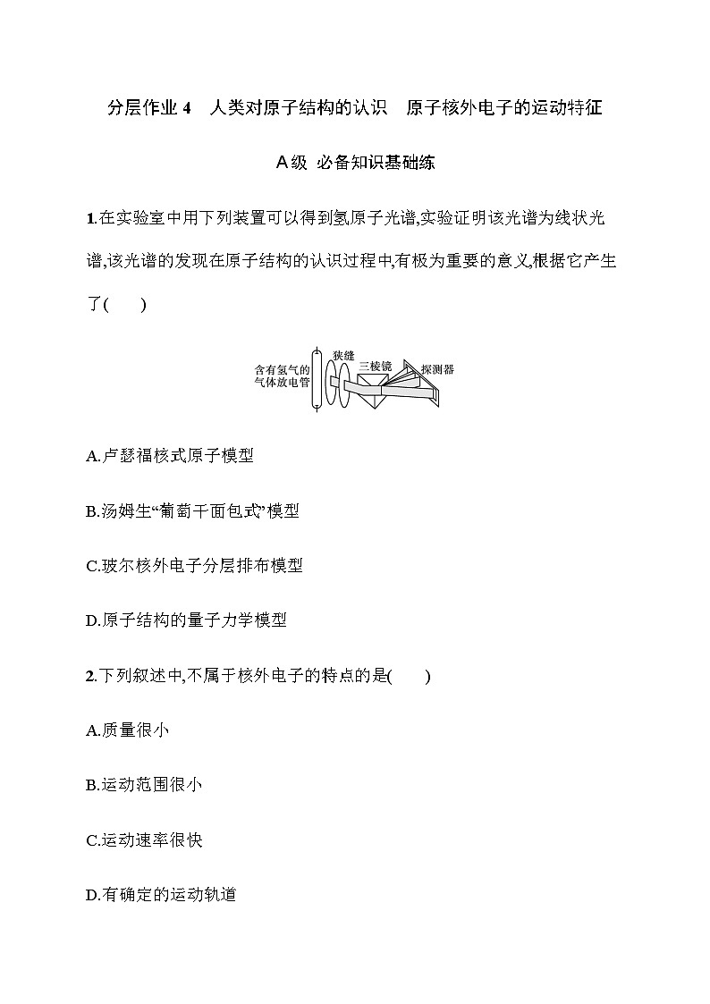 2023年秋高中化学选择性必修2（苏教版2019）分层作业4　人类对原子结构的认识　原子核外电子的运动特征（含解析）第1页