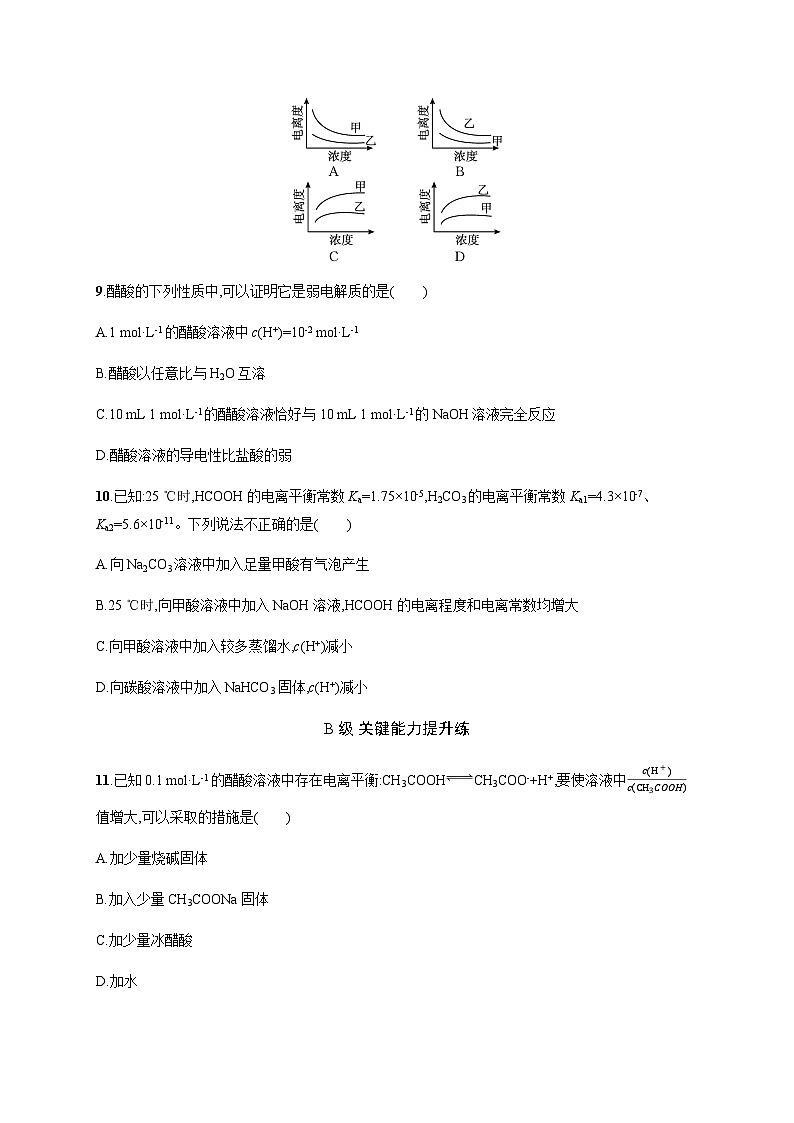 高中化学（苏教2019）选择性必修1 分层作业14　强电解质和弱电解质　弱电解质的电离平衡  （含解析）03