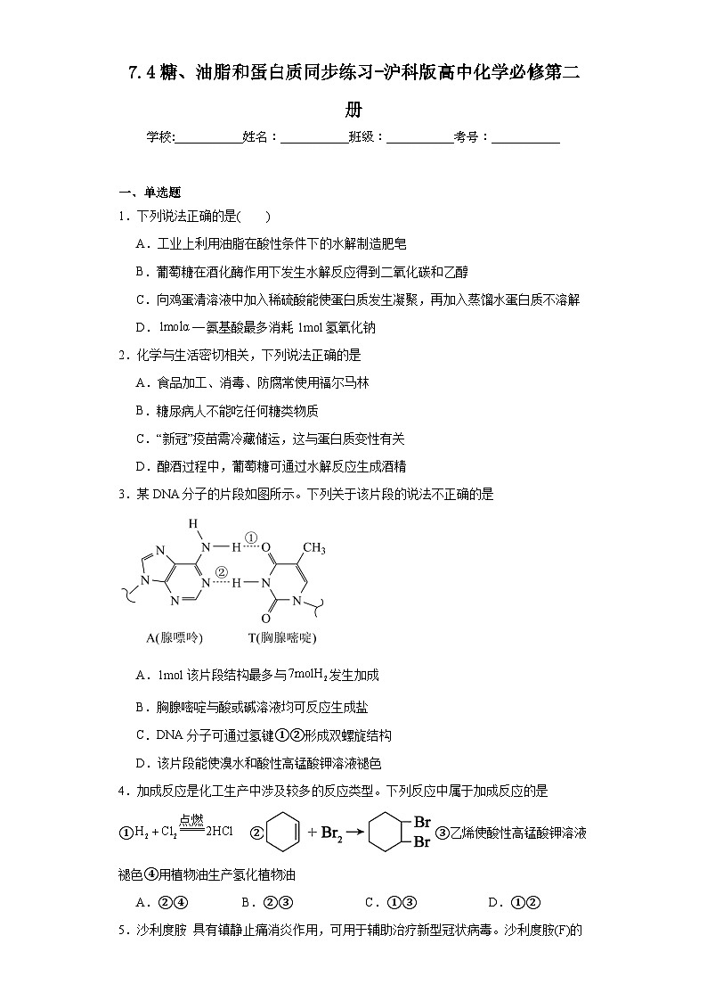 7.4糖、油脂和蛋白质同步练习-沪科版高中化学必修第二册01