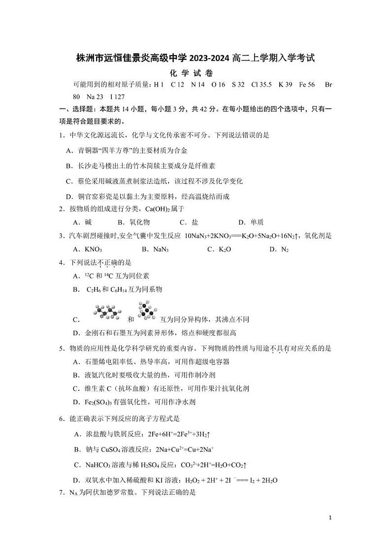 湖南省株洲市远恒佳景炎高级中学2023-2024学年高二上学期入学考试化学试题01