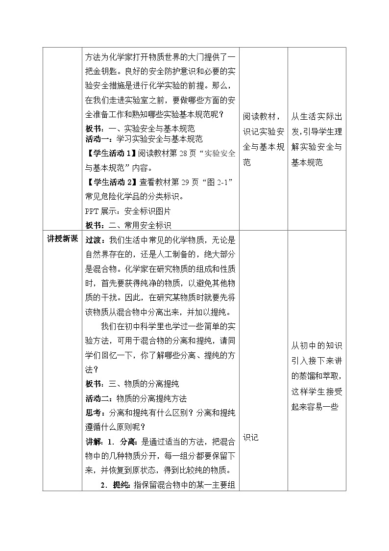 【核心素养】苏教版高中化学必修一专题2 第一单元 《研究物质的实验方法》第一课时 实验安全与基本规范  物质的分离提纯 教学设计02