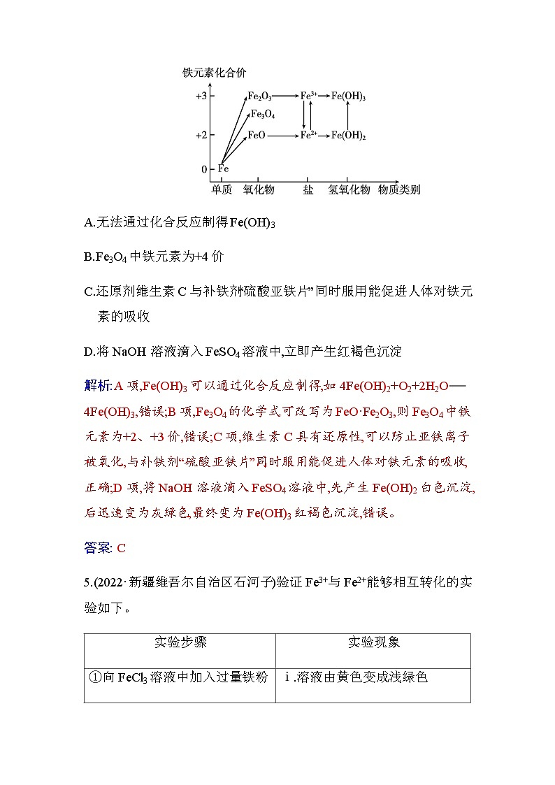 人教版高中化学必修第一册第三章第一节课时2铁的氢氧化物、铁盐和亚铁盐练习含答案第3页
