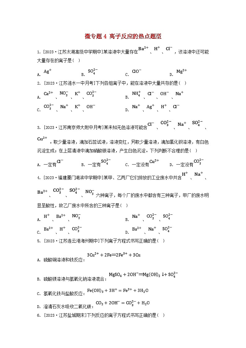 江苏专版2023_2024学年新教材高中化学专题3从海水中获得的化学物质第二单元金属钠及钠的化合物微专题4离子反应的热点题型分层作业苏教版必修第一册第1页