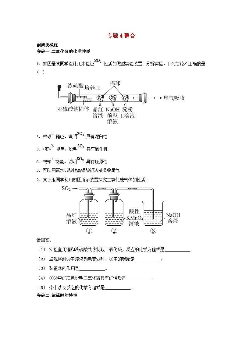 江苏专版2023_2024学年新教材高中化学专题4硫与环境保护整合苏教版必修第一册01