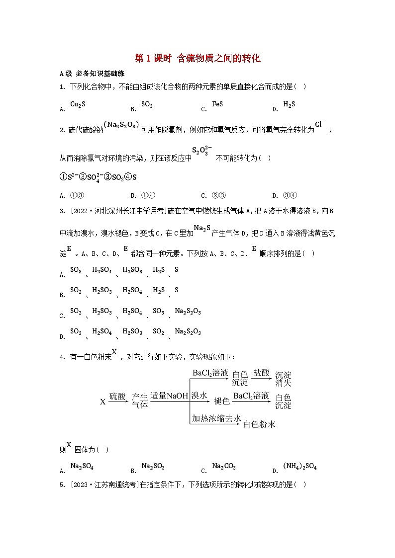 江苏专版2023_2024学年新教材高中化学专题4硫与环境保护第二单元硫及其化合物的相互转化第一课时含硫物质之间的转化分层作业苏教版必修第一册01