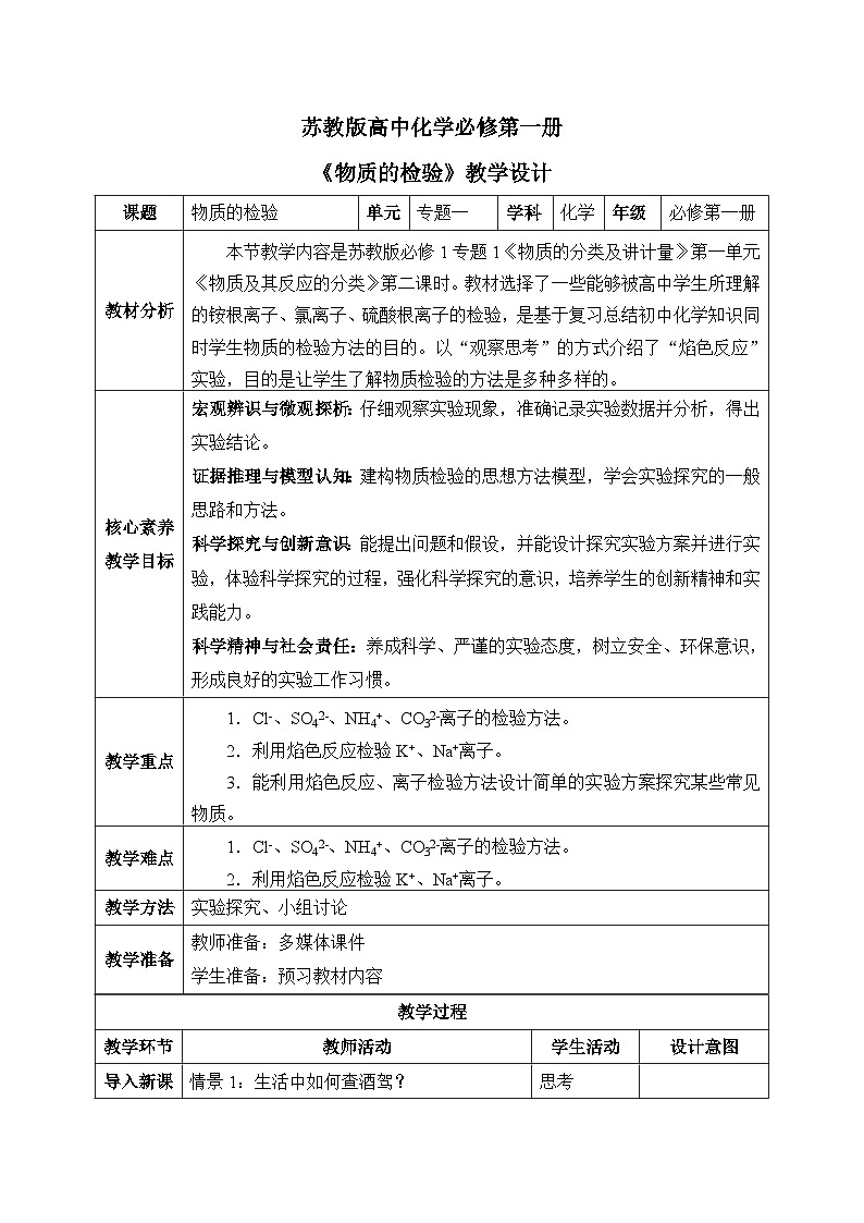 【核心素养】苏教版高中化学必修一专题2 第一单元 《研究物质的实验方法》第2课时   物质的检验01