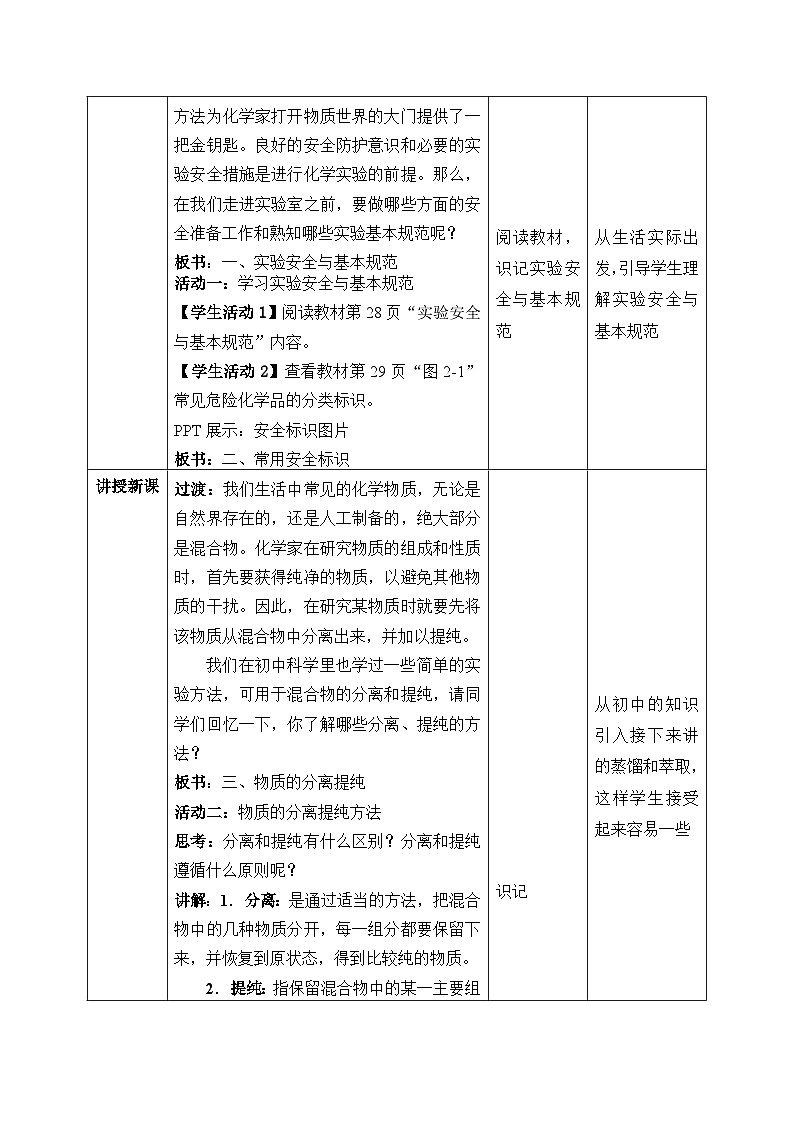 【核心素养】苏教版高中化学必修一专题2 第一单元 《研究物质的实验方法》第一课时 实验安全与基本规范  物质的分离提纯 教学设计第2页