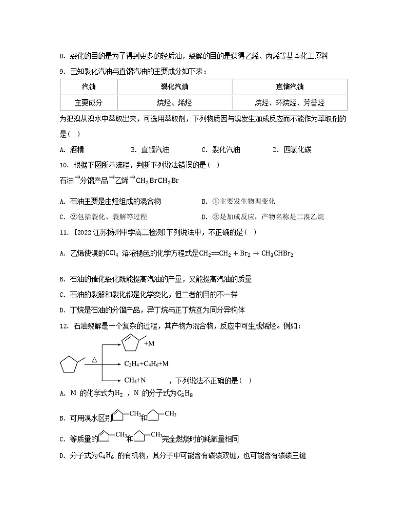 江苏专版2023_2024学年新教材高中化学专题3石油化工的基础物质__烃第一单元脂肪烃的性质及应用第三课时脂肪烃与石油化工分层作业苏教版选择性必修303