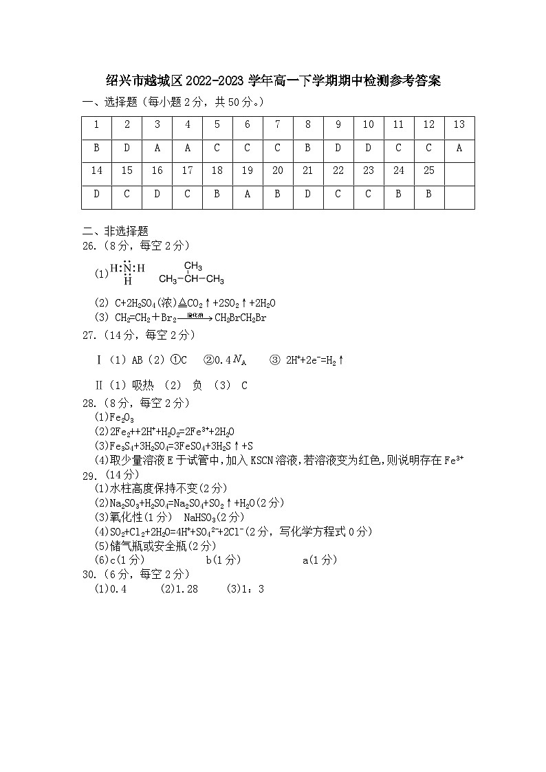 浙江省绍兴市越城区2022-2023学年高一下学期期中检测化学试题（Word版含答案）01