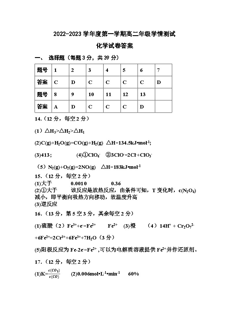 2023连云港东海县石榴高级中学高二上学期第一次学情测试化学试题含答案01