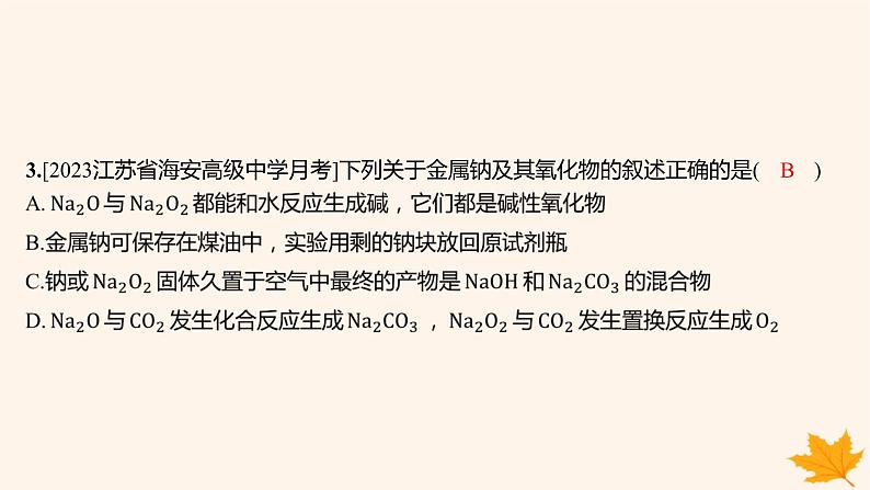 江苏专版2023_2024学年新教材高中化学第二章海水中的重要元素__钠和氯第一节钠及其化合物第一课时活泼的金属单质__钠氧化钠和过氧化钠分层作业课件新人教版必修第一册05