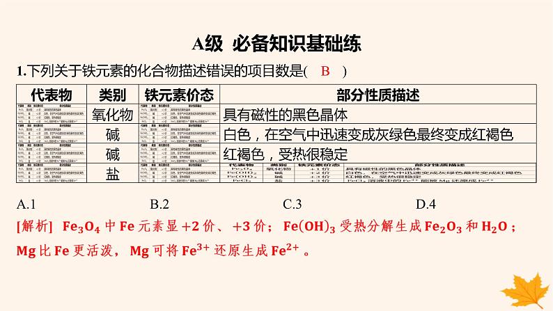 江苏专版2023_2024学年新教材高中化学第三章铁金属材料第一节铁及其化合物第二课时铁的氢氧化物铁盐和亚铁盐分层作业课件新人教版必修第一册01