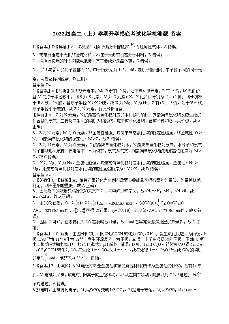 山东省菏泽市郓城第一中学2023-2024学年高二上学期开学考试化学试题答案第1页