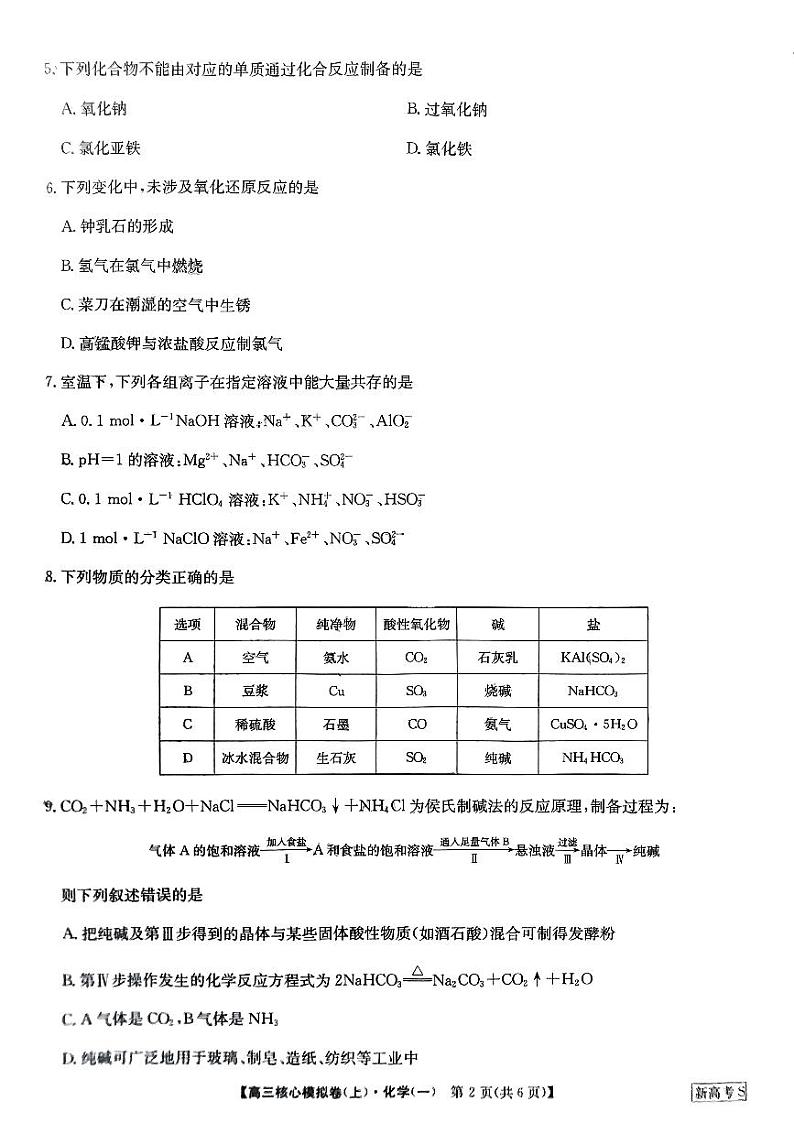 2023河南省部分名校-204学年高三上学期核心模拟（一）化学PDF版含解析 试卷02