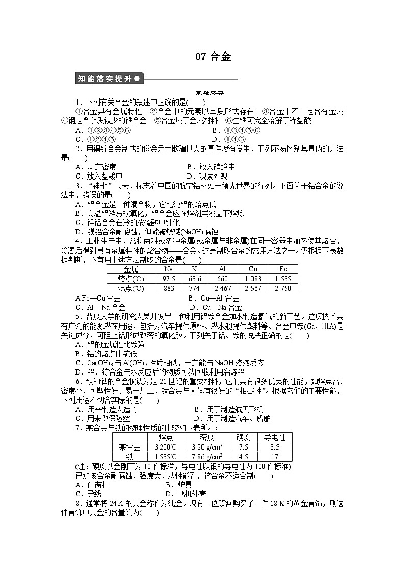 2022年高中化学选修1寒假每日一练（含答案）：07合金01