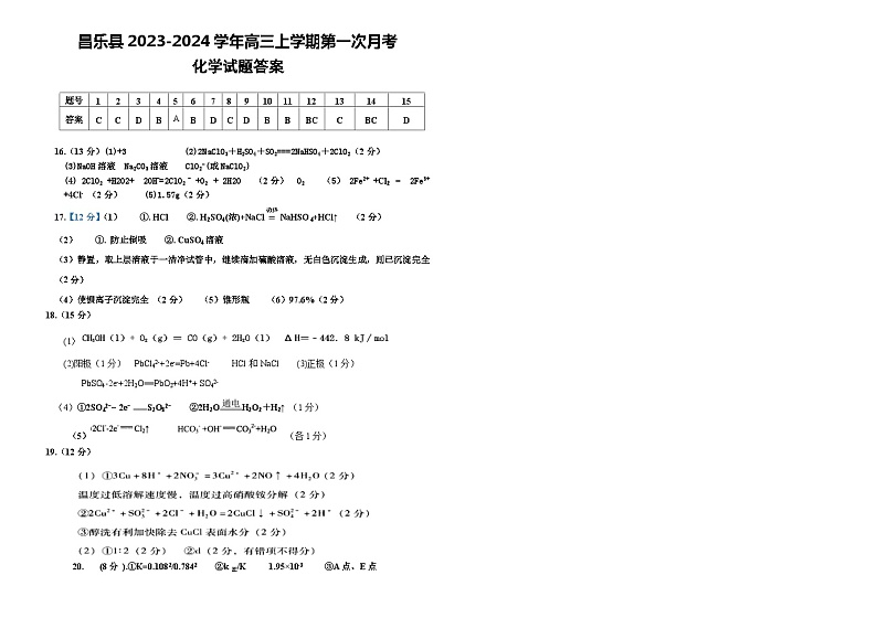 山东省潍坊市昌乐县2023-2024学年高三上学期第一次月考化学试题（Word版含答案）01