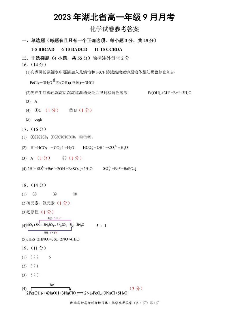 湖北省新高考联考协作体2023-2024学年高一上学期9月月考（联考）化学试卷（含答案）01