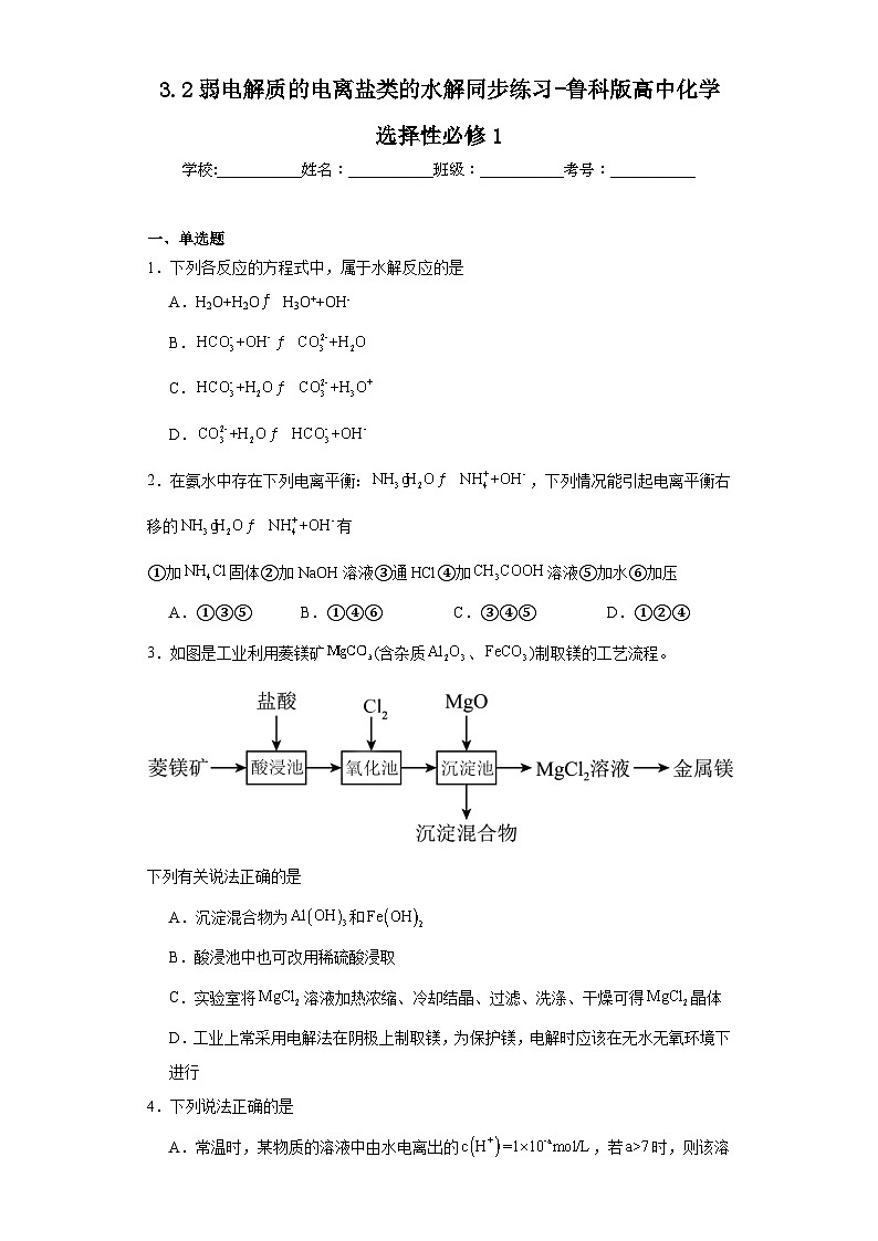 3.2弱电解质的电离盐类的水解同步练习-鲁科版高中化学选择性必修1第1页