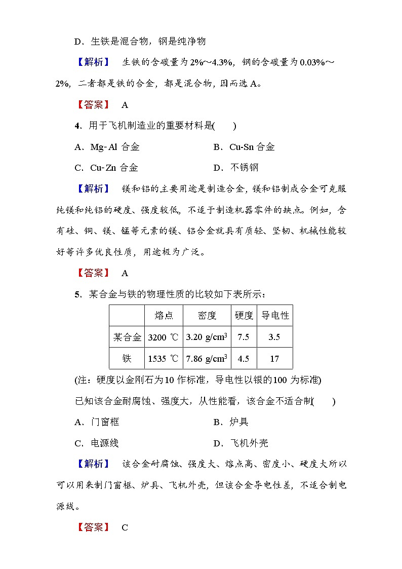 2022年高二化学选修1寒假测评：09合金 Word版含解析第2页