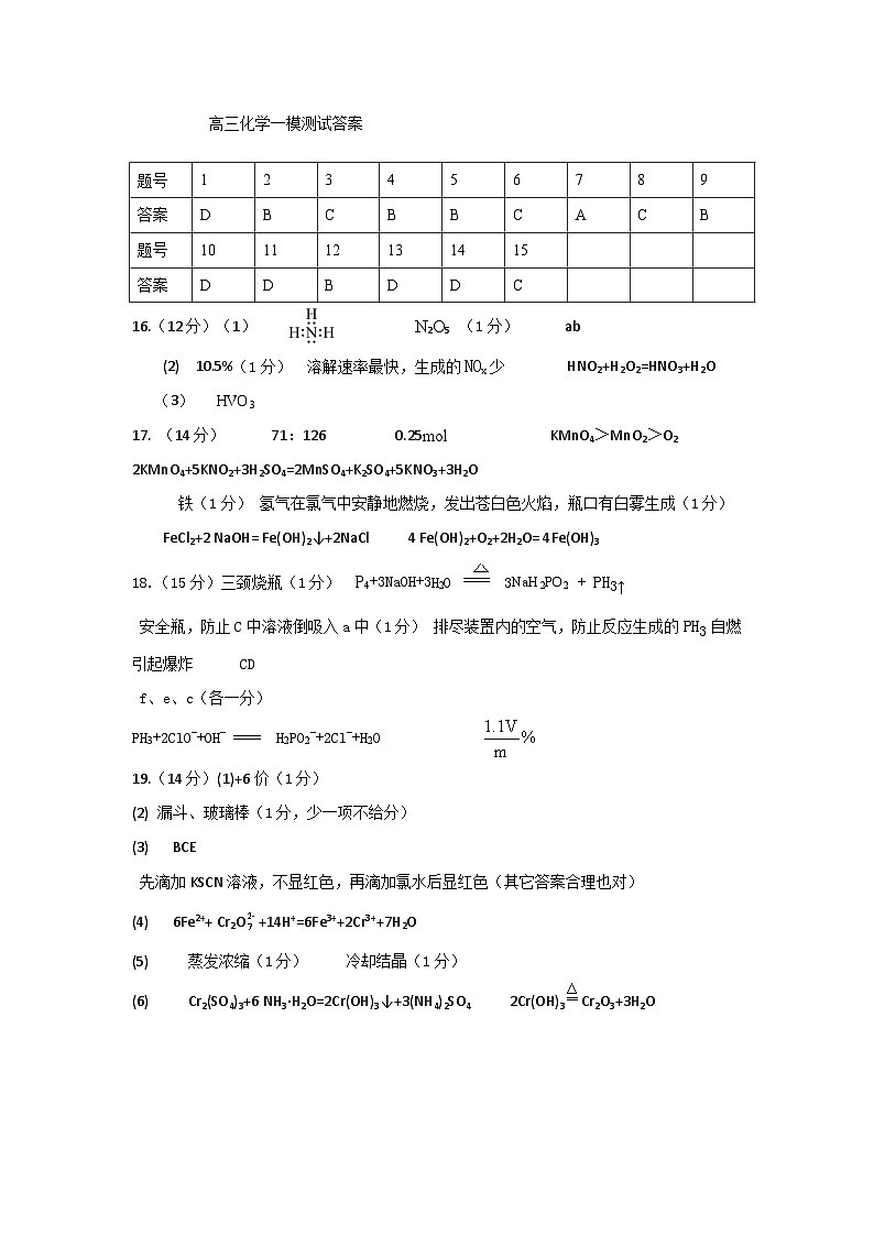 陕西省渭南市大荔县2023-2024学年高三上学期10月一模化学试题（PDF版含答案）01