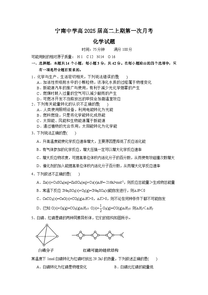 四川省凉山州宁南中学2023-2024学年高二上学期第一次月考化学试题第1页