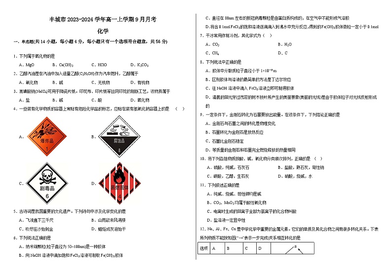 江西省丰城市2023-2024学年高一上学期9月月考化学试题（Word版含答案）第1页
