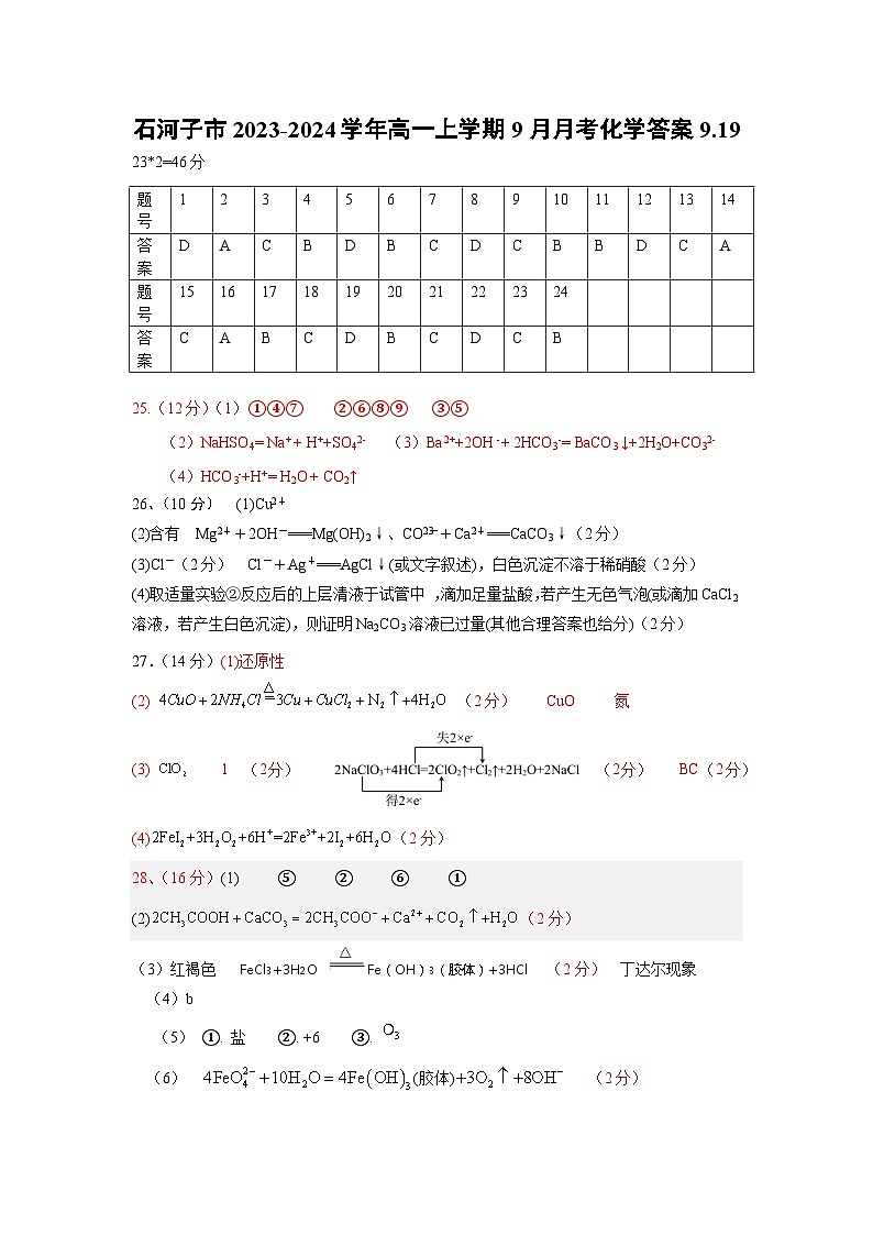 2023年高一月考化学9.19答案第1页