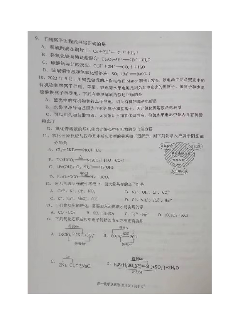 四川省绵阳市三台中学校2023-2024学年高一上学期第一次月考化学试题第3页