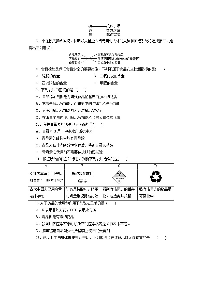 2022年高二化学选修1寒假同步测试卷：04促进身心健康(B卷) Word版含答案02